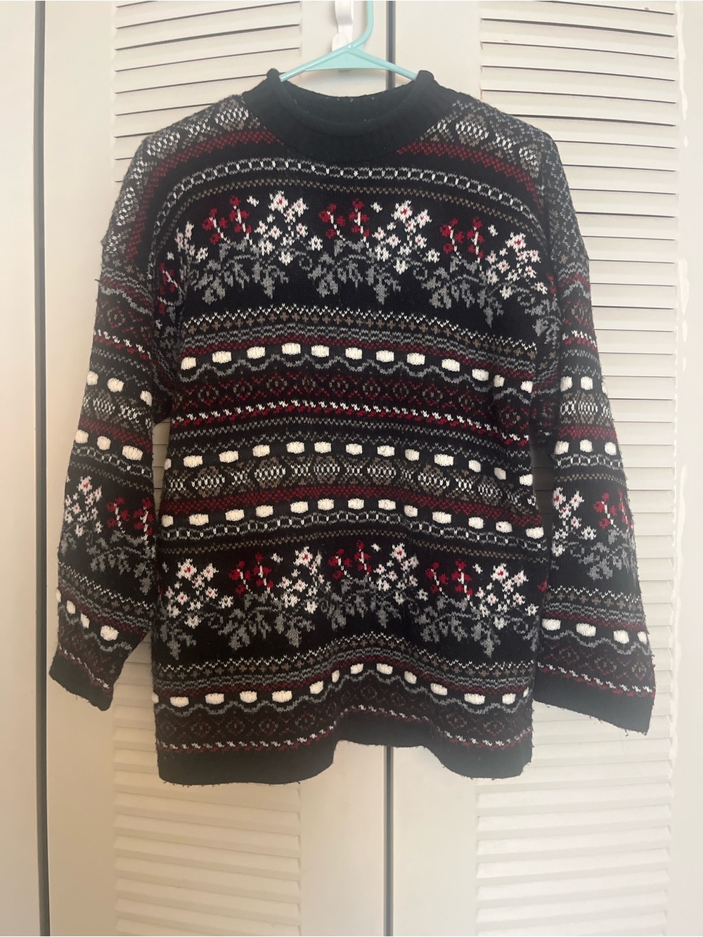 Black Fair Isle Crewneck Sweater with Red & White Accents